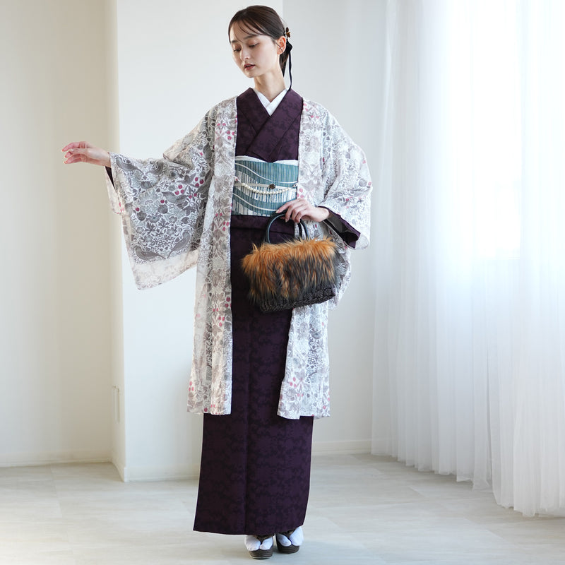 【薄羽織  Fabric by BEST OF MORRIS ベスト・オブ・モリスStrawberry Thief(いちご泥棒)オパール加工 フォッグ】長羽織  国産生地 フリーサイズ  透け感 グレー ニコアンティーク（5223613300）