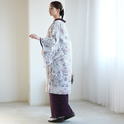 【薄羽織  Fabric by BEST OF MORRIS ベスト・オブ・モリスStrawberry Thief(いちご泥棒)オパール加工 フォッグ】長羽織  国産生地 フリーサイズ  透け感 グレー ニコアンティーク（5223613300）