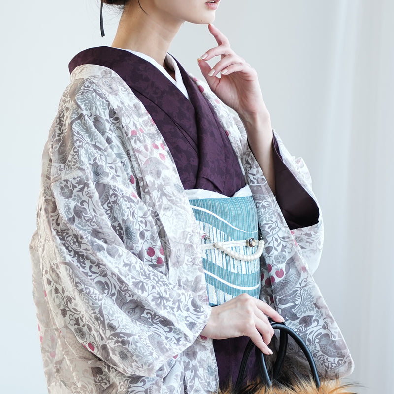 【薄羽織  Fabric by BEST OF MORRIS ベスト・オブ・モリスStrawberry Thief(いちご泥棒)オパール加工 フォッグ】長羽織  国産生地 フリーサイズ  透け感 グレー ニコアンティーク（5223613300）