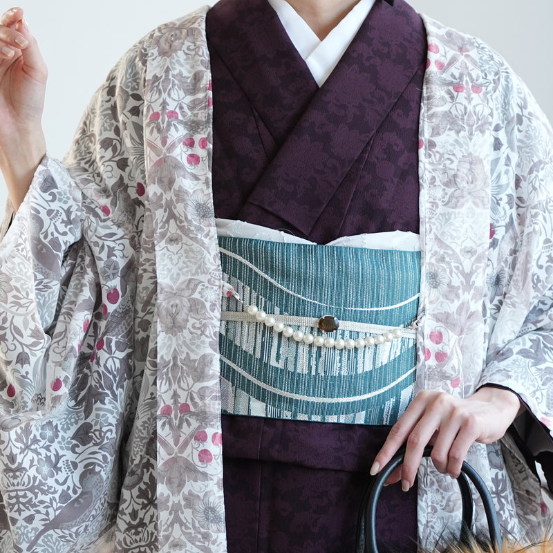 【薄羽織  Fabric by BEST OF MORRIS ベスト・オブ・モリスStrawberry Thief(いちご泥棒)オパール加工 フォッグ】長羽織  国産生地 フリーサイズ  透け感 グレー ニコアンティーク（5223613300）