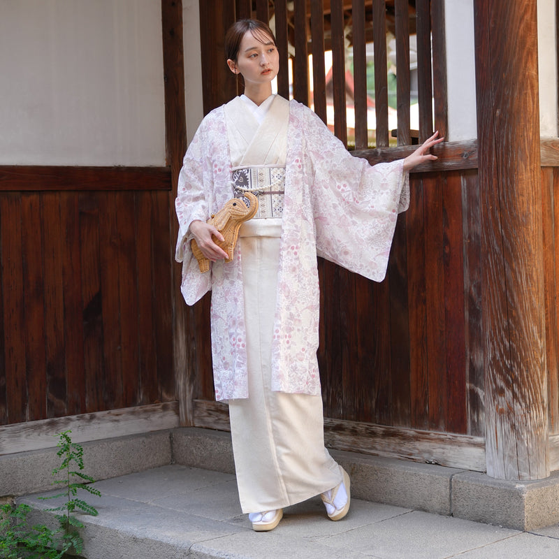 【薄羽織  ウィリアムモリス Strawberry Thief(イチゴ泥棒) ローザ　オパール加工】長羽織  国産生地 フリーサイズ  透け感 ピンク ベビーピンク ニコアンティーク（5223613400）