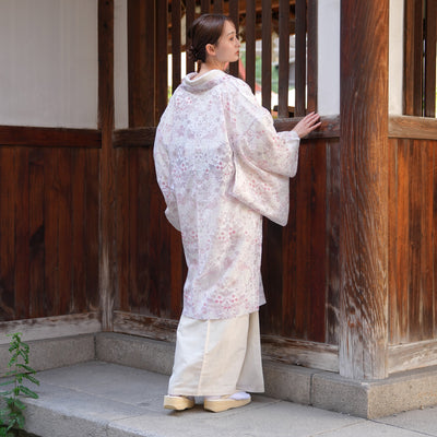 【薄羽織  ウィリアムモリス Strawberry Thief(イチゴ泥棒) ローザ　オパール加工】長羽織  国産生地 フリーサイズ  透け感 ピンク ベビーピンク ニコアンティーク（5223613400）