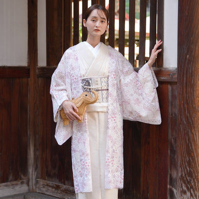 【薄羽織  ウィリアムモリス Strawberry Thief(イチゴ泥棒) ローザ　オパール加工】長羽織  国産生地 フリーサイズ  透け感 ピンク ベビーピンク ニコアンティーク（5223613400）