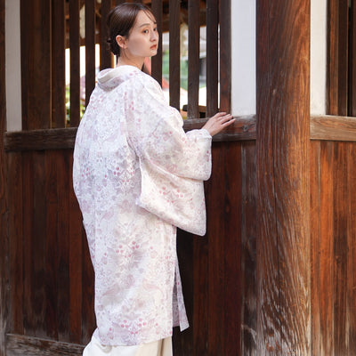 【薄羽織  Strawberry Thief(イチゴ泥棒) ローザ オパール加工】長羽織  国産生地 フリーサイズ  透け感 ピンク ベビーピンク ニコアンティーク Fabric by BEST OF MORRIS ベスト・オブ・モリス（5223613400）