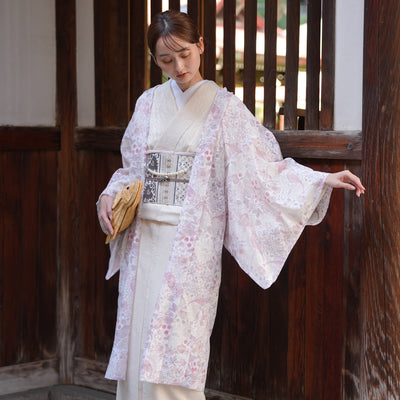 【薄羽織  ウィリアムモリス Strawberry Thief(イチゴ泥棒) ローザ　オパール加工】長羽織  国産生地 フリーサイズ  透け感 ピンク ベビーピンク ニコアンティーク（5223613400）