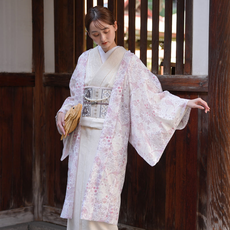 【薄羽織  ウィリアムモリス Strawberry Thief(イチゴ泥棒) ローザ　オパール加工】長羽織  国産生地 フリーサイズ  透け感 ピンク ベビーピンク ニコアンティーク（5223613400）