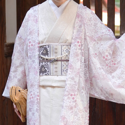 【薄羽織  ウィリアムモリス Strawberry Thief(イチゴ泥棒) ローザ　オパール加工】長羽織  国産生地 フリーサイズ  透け感 ピンク ベビーピンク ニコアンティーク（5223613400）