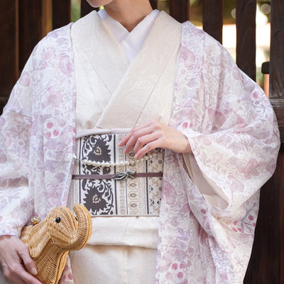 【薄羽織  Strawberry Thief(イチゴ泥棒) ローザ オパール加工】長羽織  国産生地 フリーサイズ  透け感 ピンク ベビーピンク ニコアンティーク Fabric by BEST OF MORRIS ベスト・オブ・モリス（5223613400）