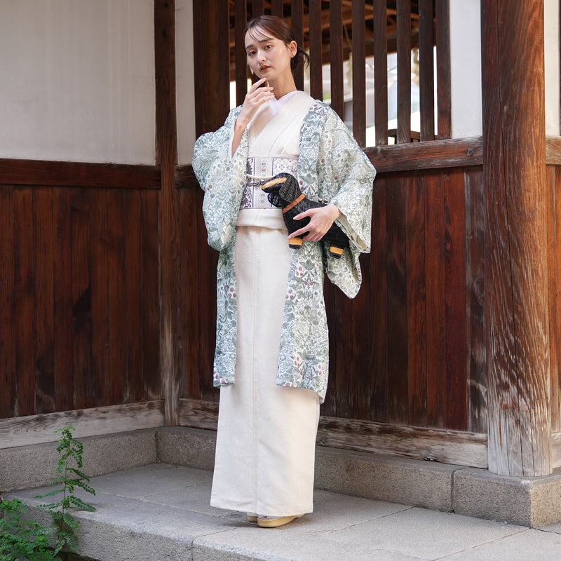 【薄羽織  Strawberry Thief(イチゴ泥棒) ブルーグリーン オパール加工】長羽織  国産生地 フリーサイズ  透け感 深緑 ニコアンティーク Fabric by BEST OF MORRIS ベスト・オブ・モリス（5223613500）