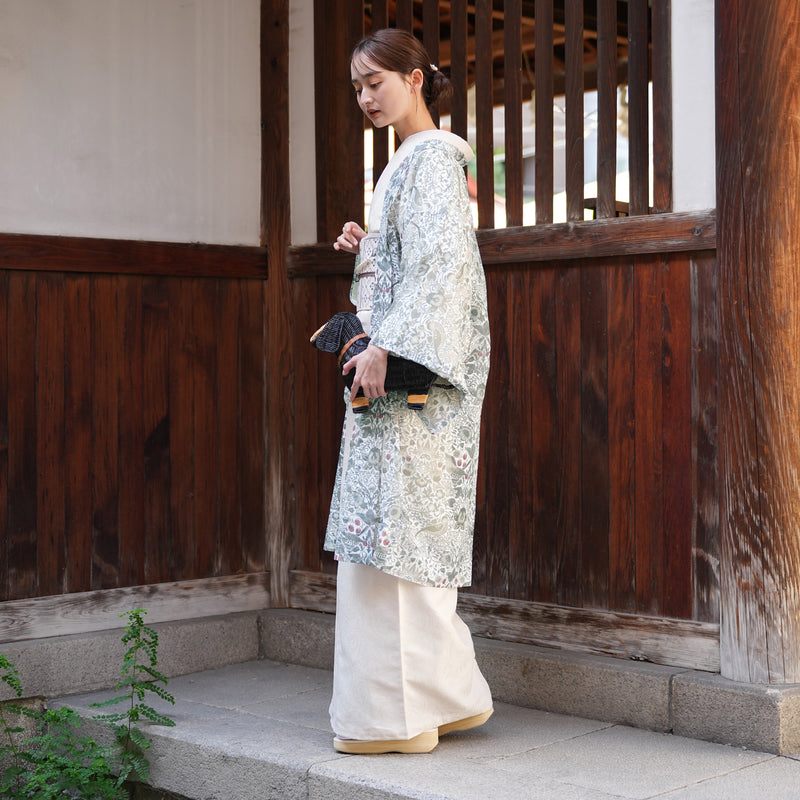 【薄羽織  ウィリアムモリス Strawberry Thief(イチゴ泥棒) ブルーグリーン　オパール加工】長羽織  国産生地 フリーサイズ  透け感 深緑 ニコアンティーク（5223613500）