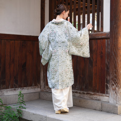 【薄羽織  Strawberry Thief(イチゴ泥棒) ブルーグリーン オパール加工】長羽織  国産生地 フリーサイズ  透け感 深緑 ニコアンティーク Fabric by BEST OF MORRIS ベスト・オブ・モリス（5223613500）