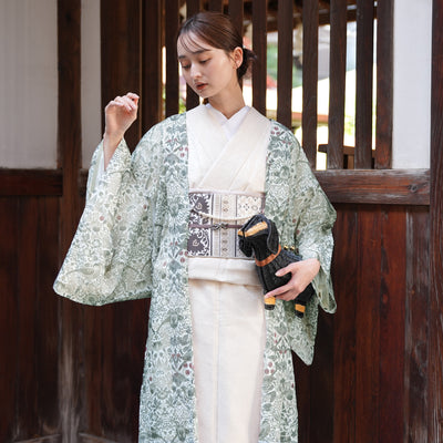 【薄羽織  ウィリアムモリス Strawberry Thief(イチゴ泥棒) ブルーグリーン　オパール加工】長羽織  国産生地 フリーサイズ  透け感 深緑 ニコアンティーク（5223613500）