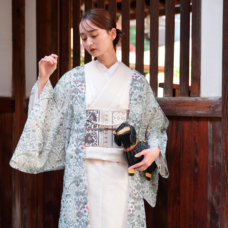 【薄羽織  Strawberry Thief(イチゴ泥棒) ブルーグリーン オパール加工】長羽織  国産生地 フリーサイズ  透け感 深緑 ニコアンティーク Fabric by BEST OF MORRIS ベスト・オブ・モリス（5223613500）