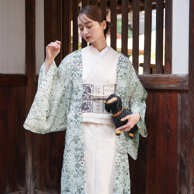 【薄羽織  ウィリアムモリス Strawberry Thief(イチゴ泥棒) ブルーグリーン　オパール加工】長羽織  国産生地 フリーサイズ  透け感 深緑 ニコアンティーク（5223613500）