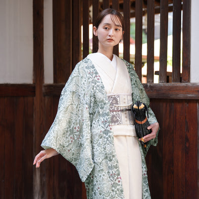 【薄羽織  ウィリアムモリス Strawberry Thief(イチゴ泥棒) ブルーグリーン　オパール加工】長羽織  国産生地 フリーサイズ  透け感 深緑 ニコアンティーク（5223613500）