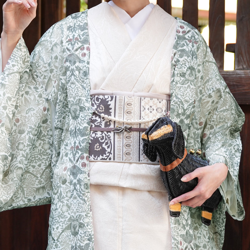 【薄羽織  ウィリアムモリス Strawberry Thief(イチゴ泥棒) ブルーグリーン　オパール加工】長羽織  国産生地 フリーサイズ  透け感 深緑 ニコアンティーク（5223613500）