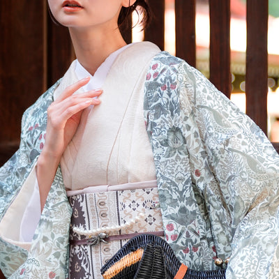 【薄羽織  Strawberry Thief(イチゴ泥棒) ブルーグリーン オパール加工】長羽織  国産生地 フリーサイズ  透け感 深緑 ニコアンティーク Fabric by BEST OF MORRIS ベスト・オブ・モリス（5223613500）