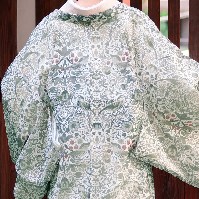 【薄羽織  ウィリアムモリス Strawberry Thief(イチゴ泥棒) ブルーグリーン　オパール加工】長羽織  国産生地 フリーサイズ  透け感 深緑 ニコアンティーク（5223613500）