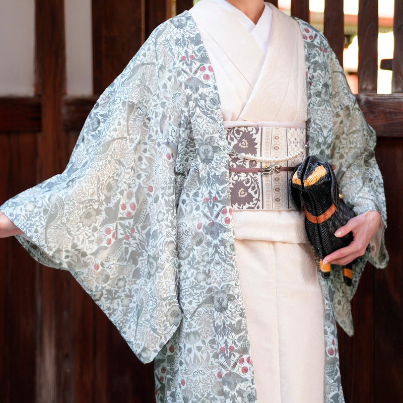 【薄羽織  Strawberry Thief(イチゴ泥棒) ブルーグリーン オパール加工】長羽織  国産生地 フリーサイズ  透け感 深緑 ニコアンティーク Fabric by BEST OF MORRIS ベスト・オブ・モリス（5223613500）