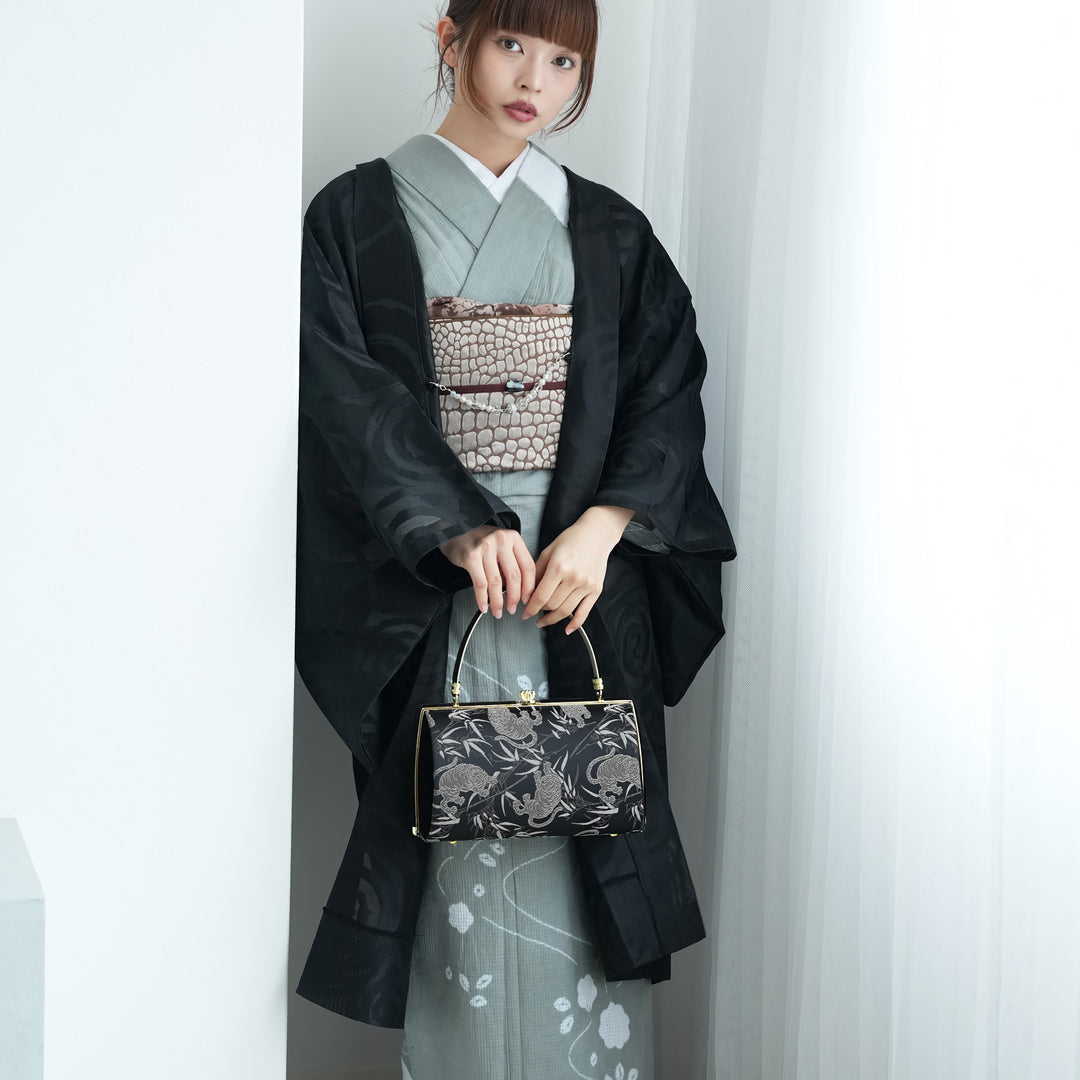 【美品】plantation paper yooryuu 羽織り　黒 羽織 紋紗織 渦巻・ブラック】単品 長羽織 フリーサイズ 日本製 塵除け