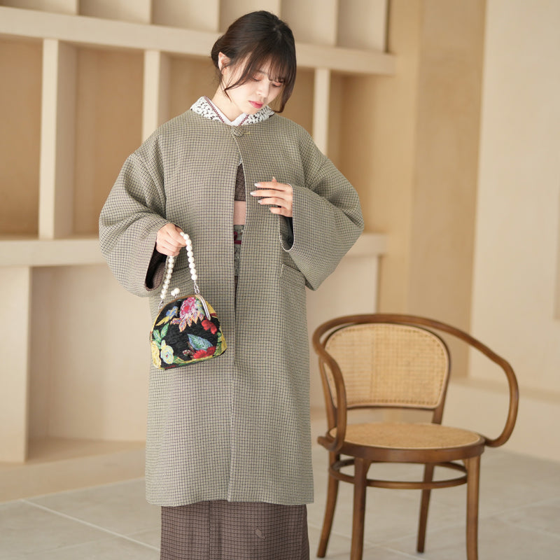 コート utatane 千鳥格子 ノーカラー ロングコート 着物コート 和装コート 日本製 グレー （5230604400）