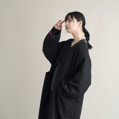 コート utatane ウール混 ノーカラー ロングコート 着物コート 和装コート 日本製 国木田さりまるちゃん着用 黒 （5230604500）