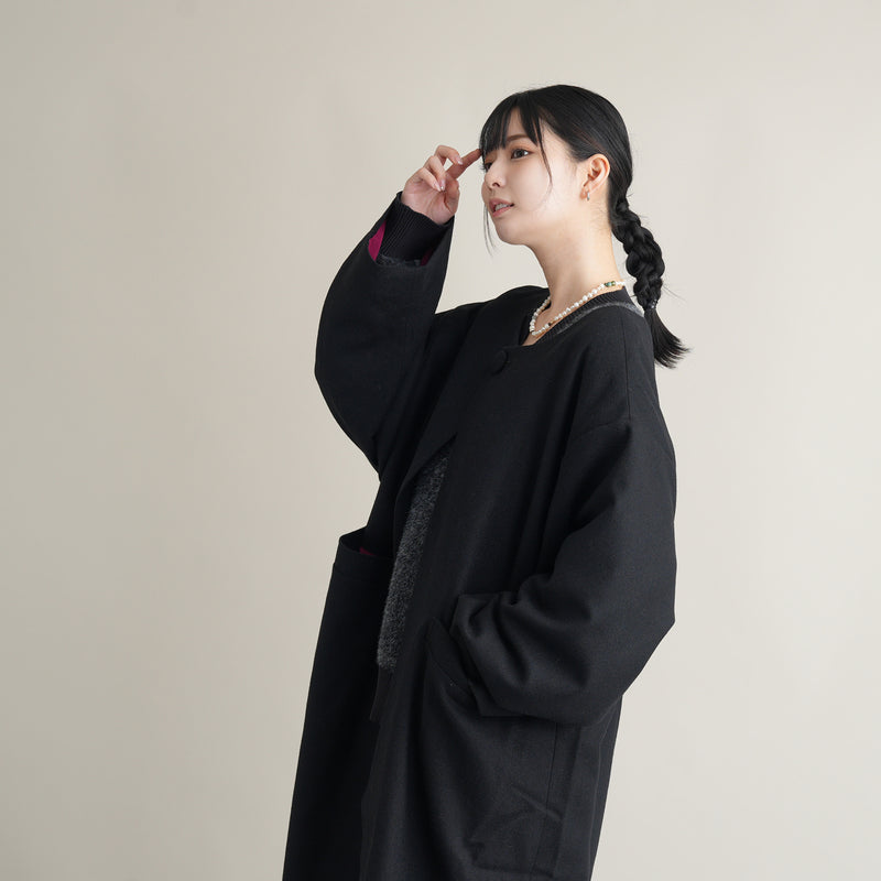 コート utatane ウール混 ノーカラー ロングコート 着物コート 和装コート 日本製 国木田さりまるちゃん着用 黒 （5230604500）