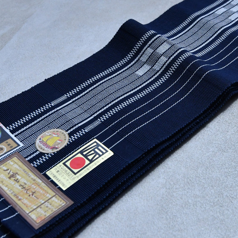 【半幅帯 八重山みんさー 草木染 ネイビー 白】帯単品 手織り 沖縄県指定伝統工芸品 石垣島 ミンサー織り 八重山 琉球 半巾帯 単衣帯  （5278611500）