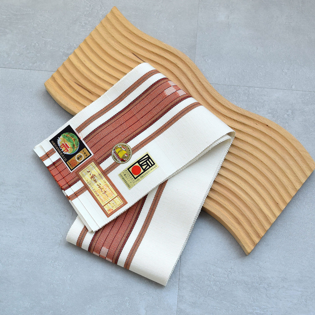 草木染.科学染絹製 帯 八重山みんさ工芸館、帯留め付き 半幅帯 八重山みんさー 草木染 白色】帯単品 手織り 沖縄県指定伝統