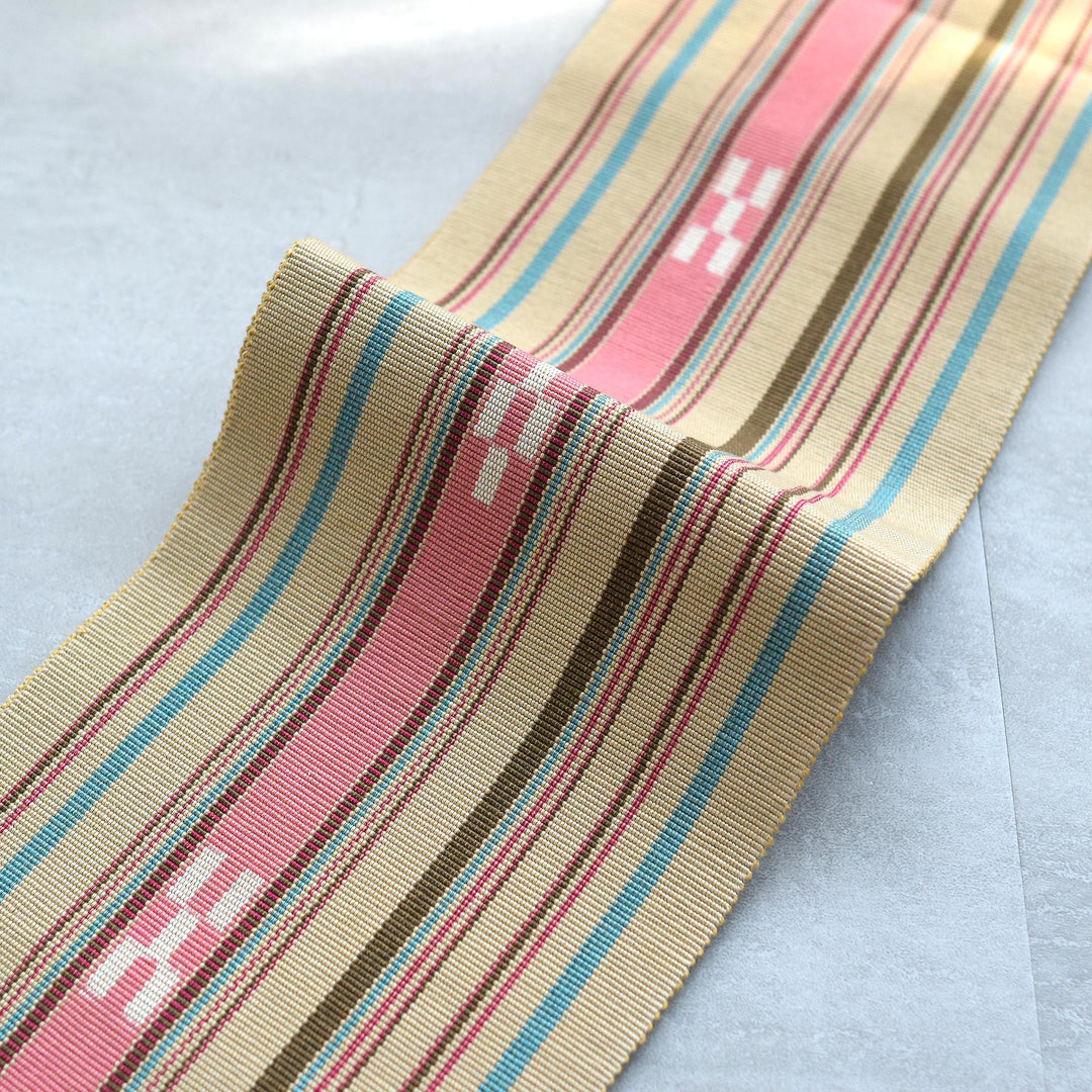 半幅帯 八重山みんさー 草木染 ベージュ】帯単品 手織り 沖縄県指定