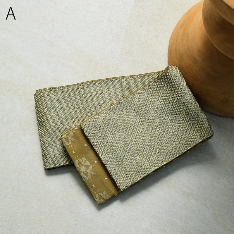 帯 単品 小袋帯 半幅帯 ジオメトリック×結晶花紋 細帯 リバーシブル グレー ブラウン マスタード 日本製 （5279615201）
