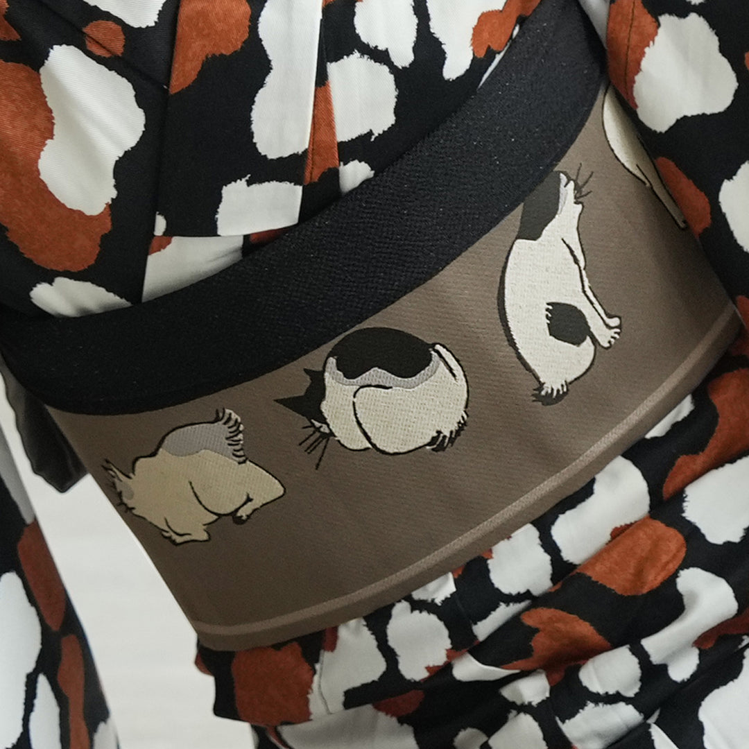 細帯 リバーシブル 猫之図】帯単品 半幅帯 日本製 アニマル柄 個性的
