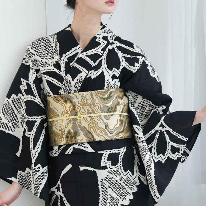 アンティーク♡裂織　半幅帯　黒　#4276 新品】半幅帯 紗 正絹 博多織 金ラベル お仕立て上がり 波