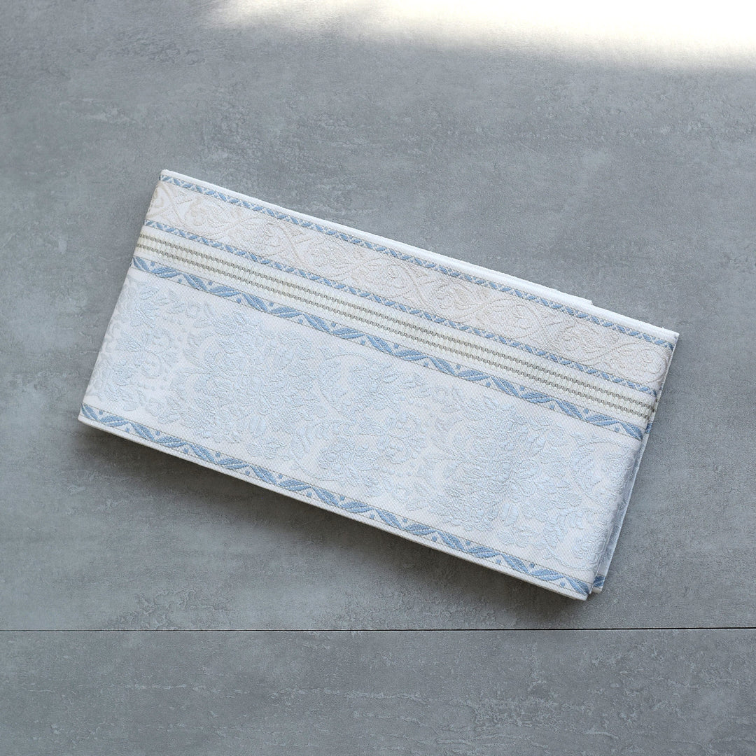 本場筑前博多織　半幅帯　未使用　華詩織　井上絹織　正絹 半幅帯 utatane×井上絹織 白×水色】帯単品 博多織 紗 四寸単帯