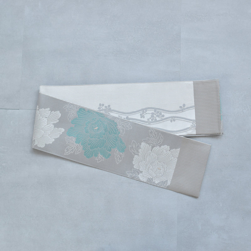 【半幅帯 博多織 牡丹 アイスグレー×ミント】帯単品 小袋帯 長尺 正絹 リバーシブル 日本製 本場筑前博多織 紋小巾袋帯 証紙付き（5279624700）