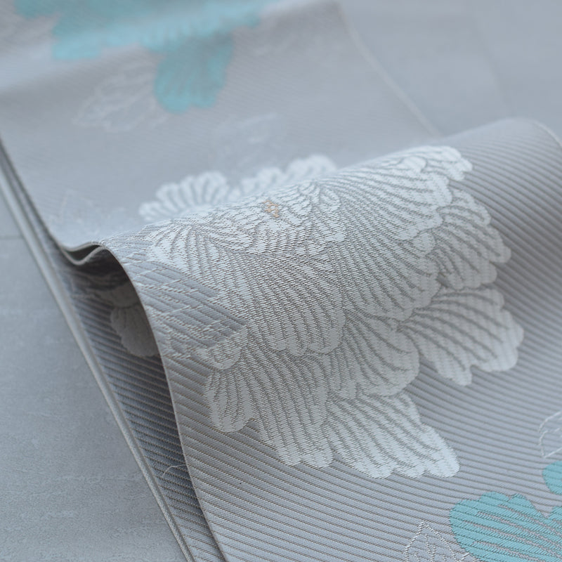 【半幅帯 博多織 牡丹 アイスグレー×ミント】帯単品 小袋帯 長尺 正絹 リバーシブル 日本製 本場筑前博多織 紋小巾袋帯 証紙付き（5279624700）