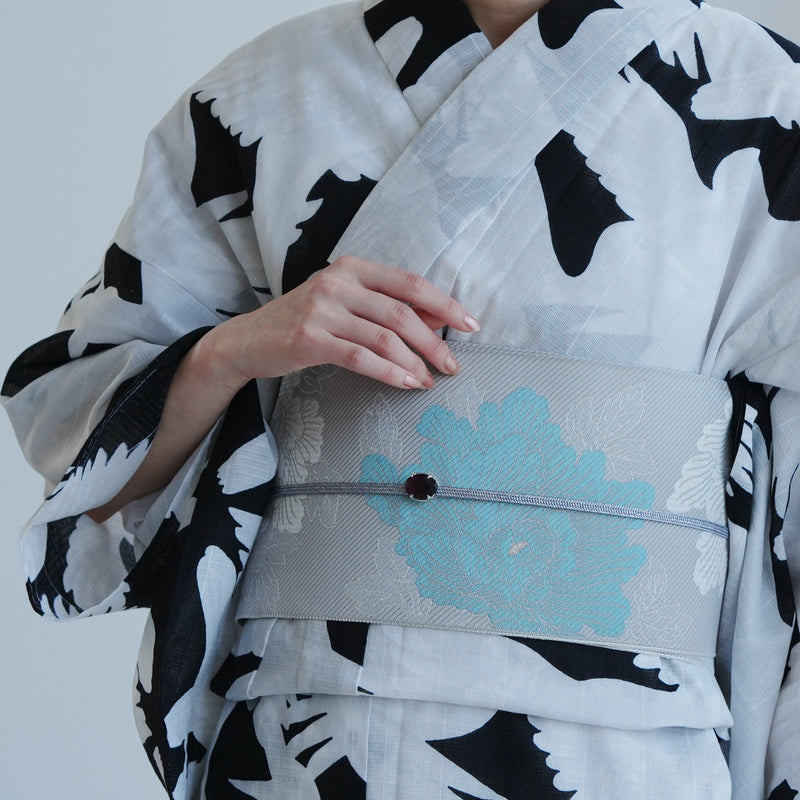 【半幅帯 博多織 牡丹 アイスグレー×ミント】帯単品 小袋帯 長尺 正絹 リバーシブル 日本製 本場筑前博多織 紋小巾袋帯 証紙付き（5279624700）