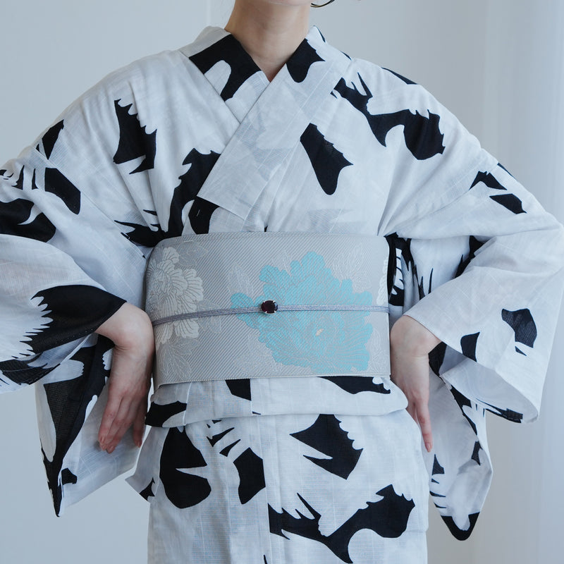 【半幅帯 博多織 牡丹 アイスグレー×ミント】帯単品 小袋帯 長尺 正絹 リバーシブル 日本製 本場筑前博多織 紋小巾袋帯 証紙付き（5279624700）