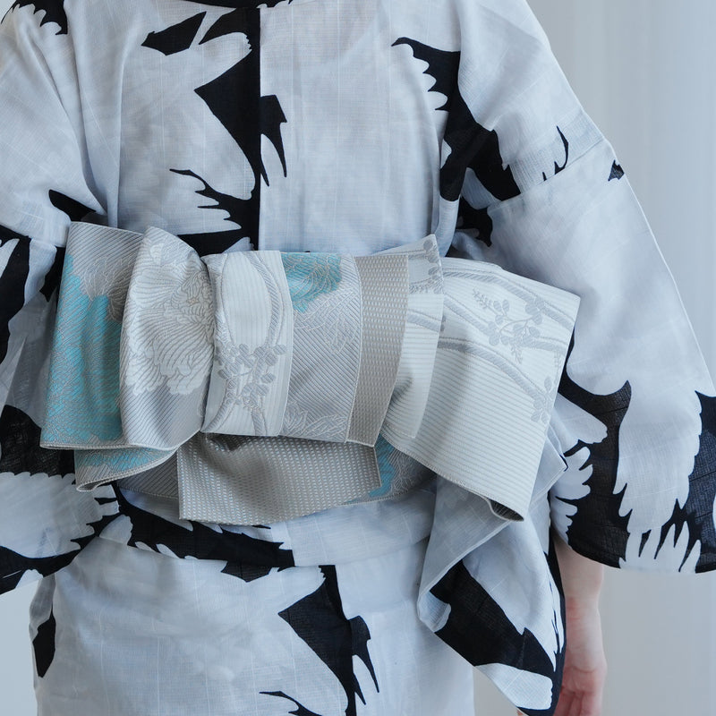 【半幅帯 博多織 牡丹 アイスグレー×ミント】帯単品 小袋帯 長尺 正絹 リバーシブル 日本製 本場筑前博多織 紋小巾袋帯 証紙付き（5279624700）