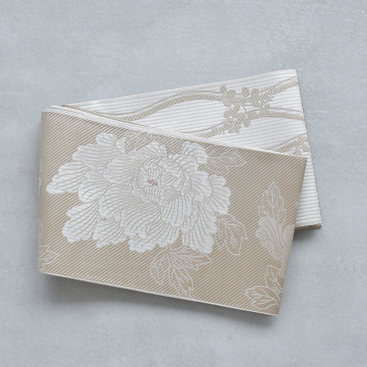 半幅帯 博多織 牡丹 ベージュ×ホワイト】帯単品 小袋帯 長尺