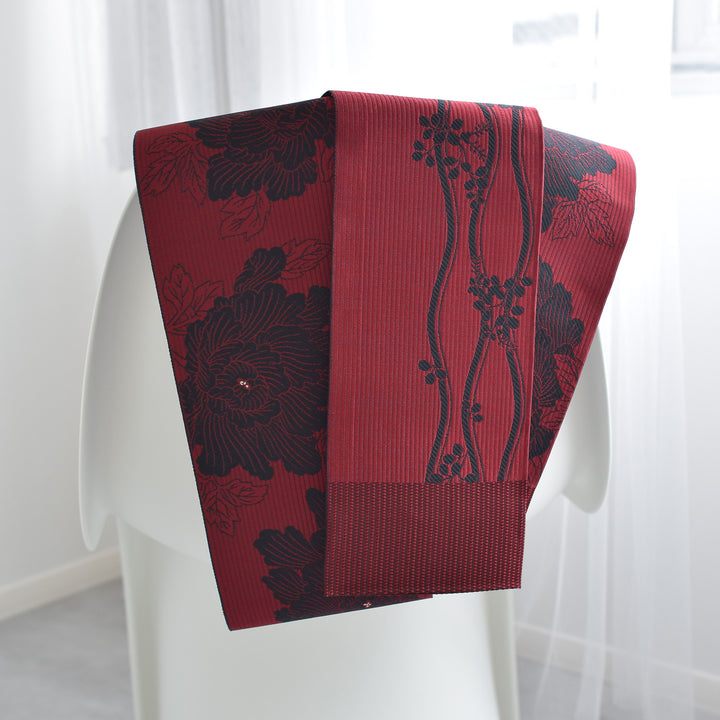 半幅帯 博多織 牡丹 レッド×ブラック】帯単品 小袋帯 長尺 正絹