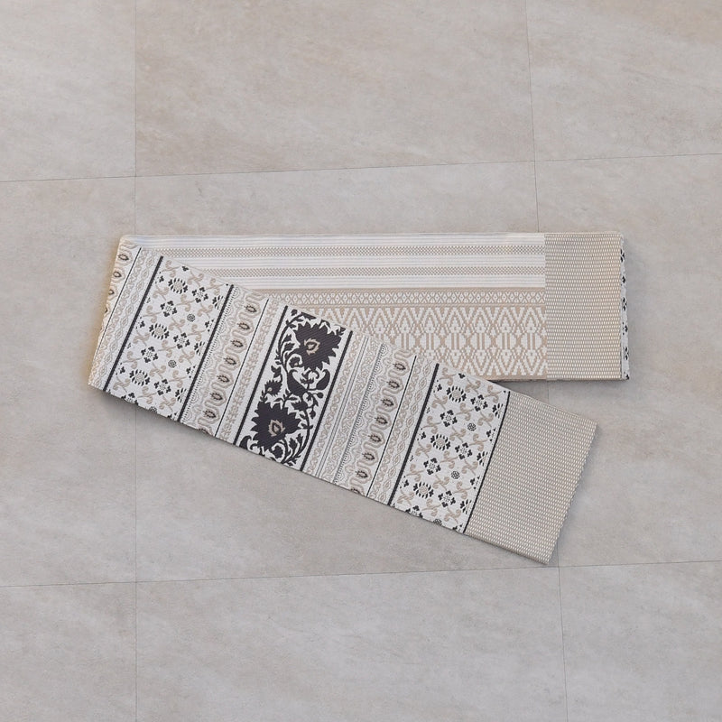 【半幅帯 博多織 インド更紗献上 ベージュ】帯単品 小袋帯 長尺 正絹 リバーシブル 日本製 本場筑前博多織 紋小巾袋帯 証紙付き（5279625100）