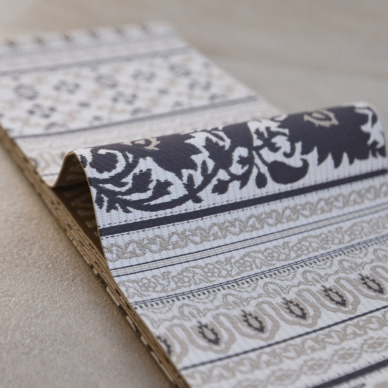 【半幅帯 博多織 インド更紗献上 ベージュ】帯単品 小袋帯 長尺 正絹 リバーシブル 日本製 本場筑前博多織 紋小巾袋帯 証紙付き（5279625100）