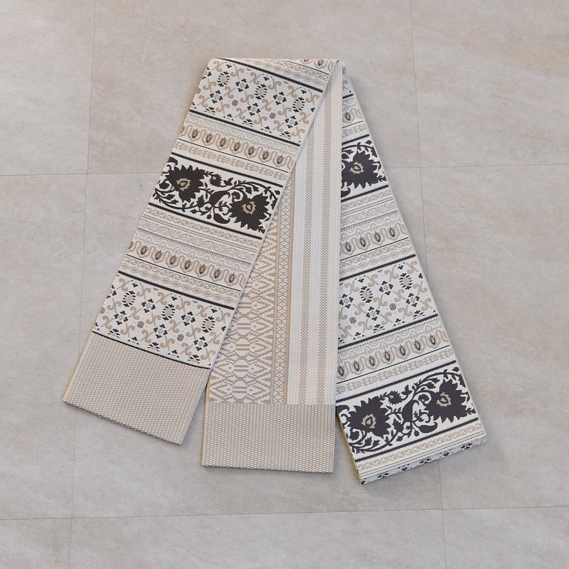 【半幅帯 博多織 インド更紗献上 ベージュ】帯単品 小袋帯 長尺 正絹 リバーシブル 日本製 本場筑前博多織 紋小巾袋帯 証紙付き（5279625100）