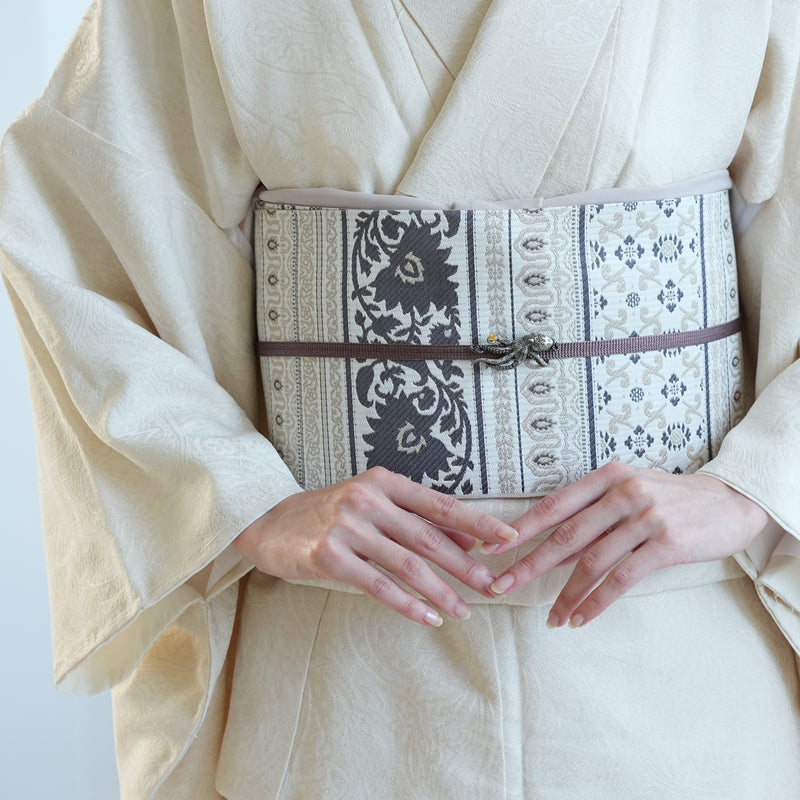 【半幅帯 博多織 インド更紗献上 ベージュ】帯単品 小袋帯 長尺 正絹 リバーシブル 日本製 本場筑前博多織 紋小巾袋帯 証紙付き（5279625100）