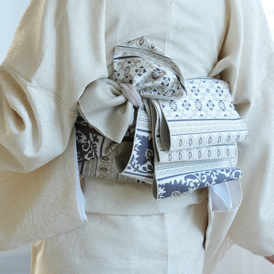 【半幅帯 博多織 インド更紗献上 ベージュ】帯単品 小袋帯 長尺 正絹 リバーシブル 日本製 本場筑前博多織 紋小巾袋帯 証紙付き（5279625100）