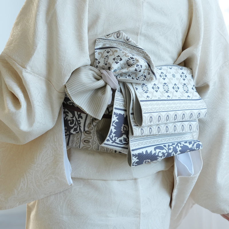 【半幅帯 博多織 インド更紗献上 ベージュ】帯単品 小袋帯 長尺 正絹 リバーシブル 日本製 本場筑前博多織 紋小巾袋帯 証紙付き（5279625100）