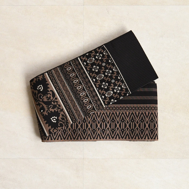 【半幅帯 博多織 インド更紗献上 ブラック×ブラウン】帯単品 小袋帯 長尺 正絹 リバーシブル 日本製 本場筑前博多織 紋小巾袋帯 証紙付き（5279625200）