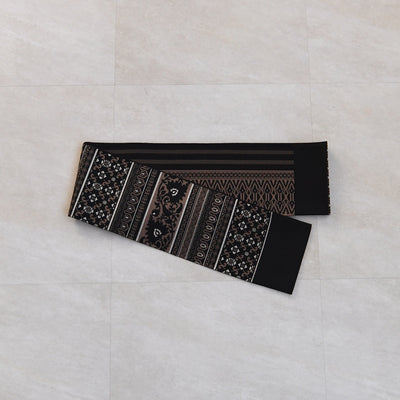 【半幅帯 博多織 インド更紗献上 ブラック×ブラウン】帯単品 小袋帯 長尺 正絹 リバーシブル 日本製 本場筑前博多織 紋小巾袋帯 証紙付き（5279625200）