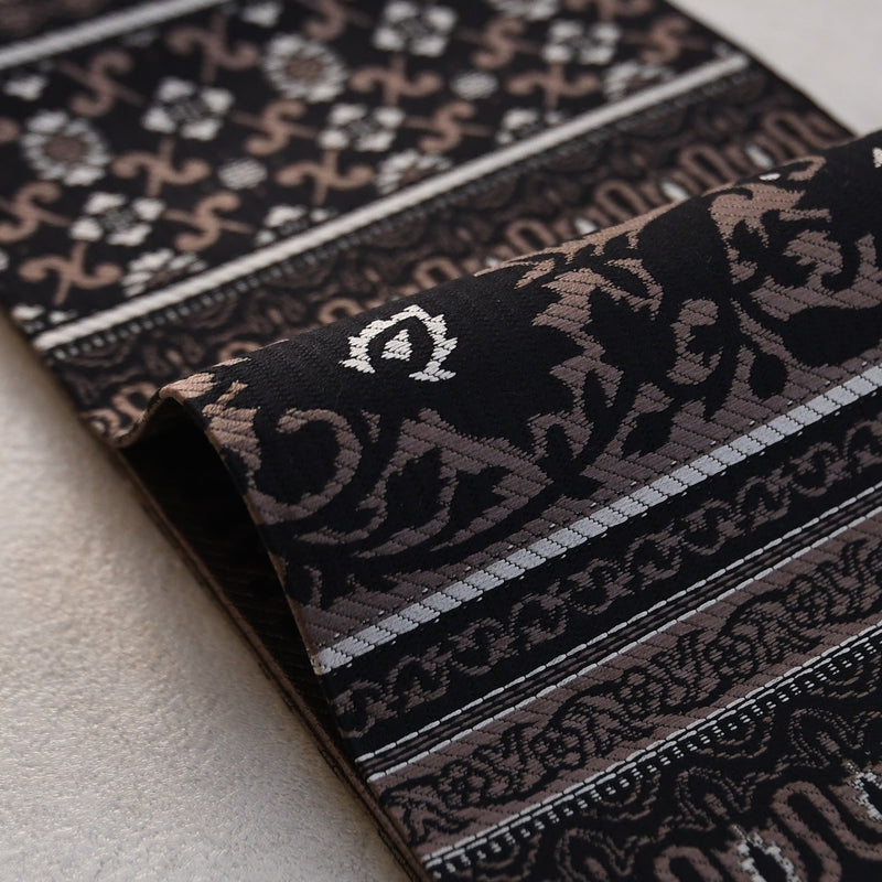 【半幅帯 博多織 インド更紗献上 ブラック×ブラウン】帯単品 小袋帯 長尺 正絹 リバーシブル 日本製 本場筑前博多織 紋小巾袋帯 証紙付き（5279625200）